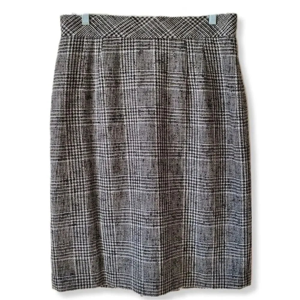 VTG 90s Gray Wool Tweed Houndstooth Pencil Skirt L 12 Retro Classic Old Money